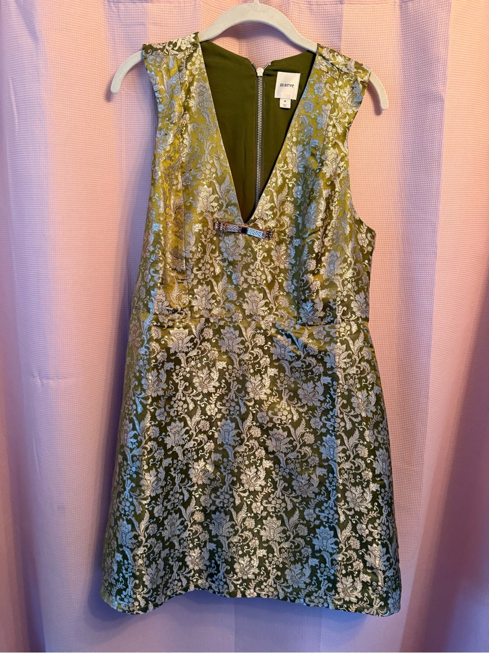Olive Brocade V-Neck Dress
